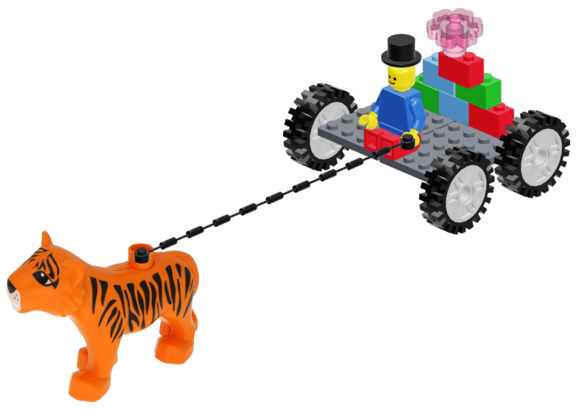 Lego man with Top Hat holding on to a lego tiger, the man is sitting on platform with wheels. At the back of the platform there is bricks of differeing colours interlocked, with a flower on top